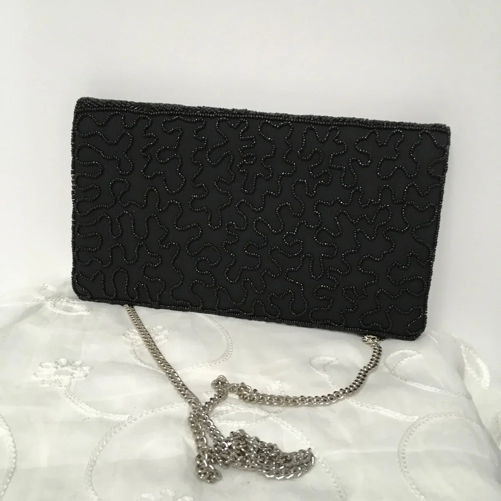 LulusBlack Beaded Evening Clutch with Chain Strap